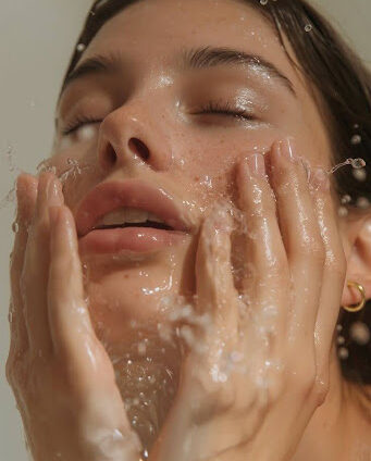 A person gently touching their face with water splashing over their skin, eyes closed and appearing relaxed.