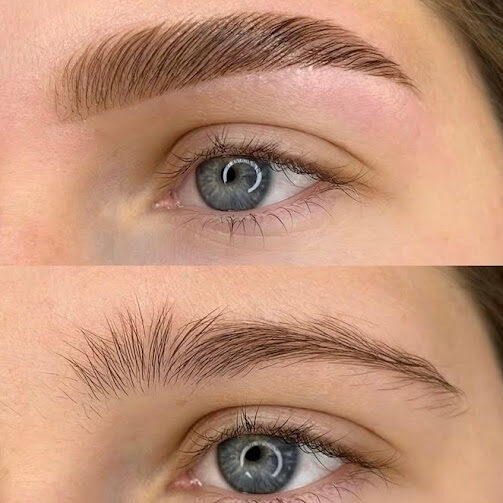 Top image shows a perfectly shaped brow; bottom image shows a natural brow.