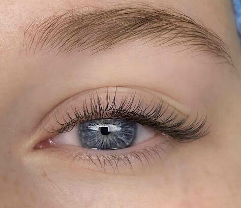 Close-up of a blue eye with long, curled lashes and a well-defined eyebrow.